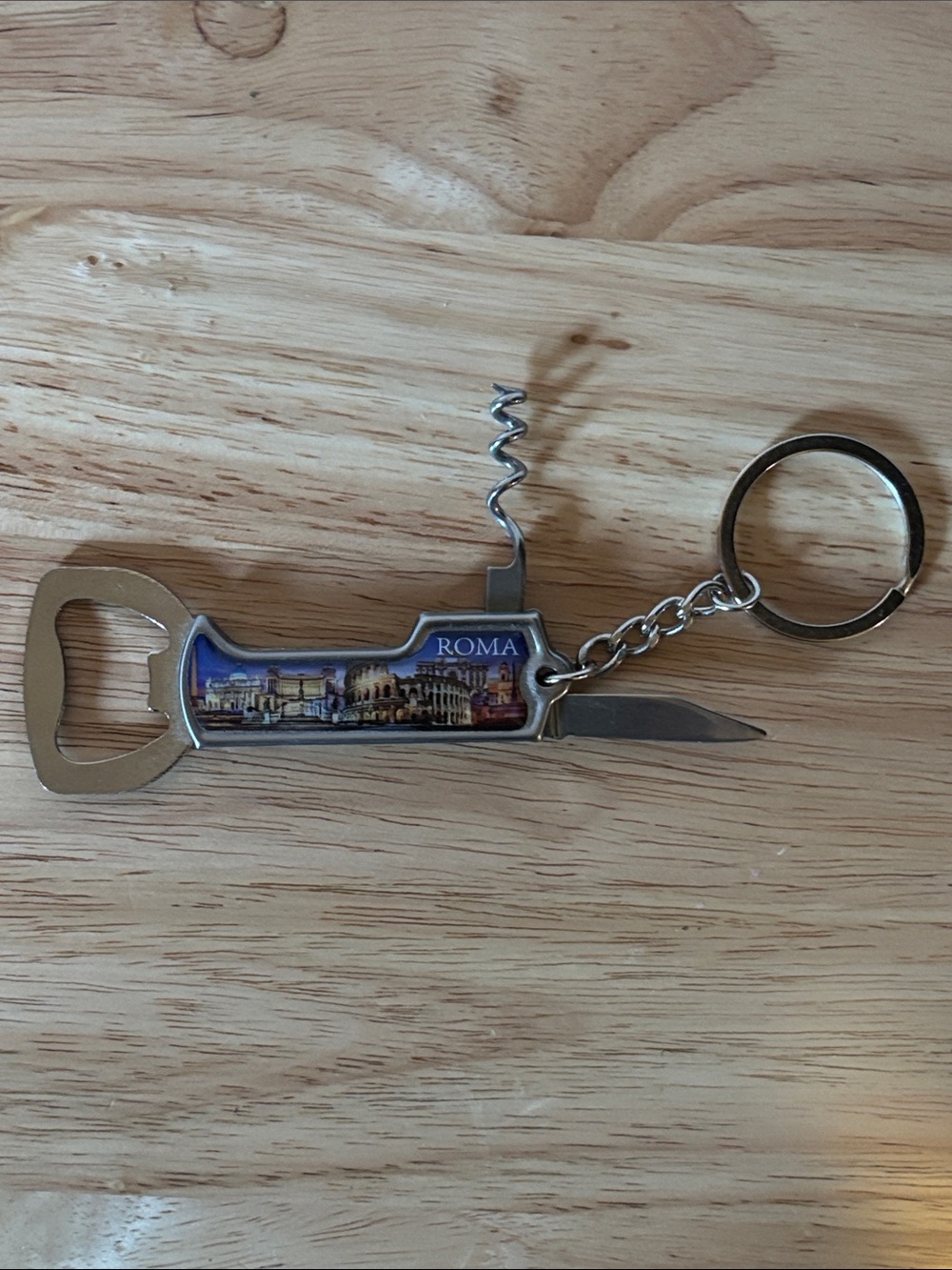 Roma Stainless Steel Bottle Opener Keychain with Corkscrew